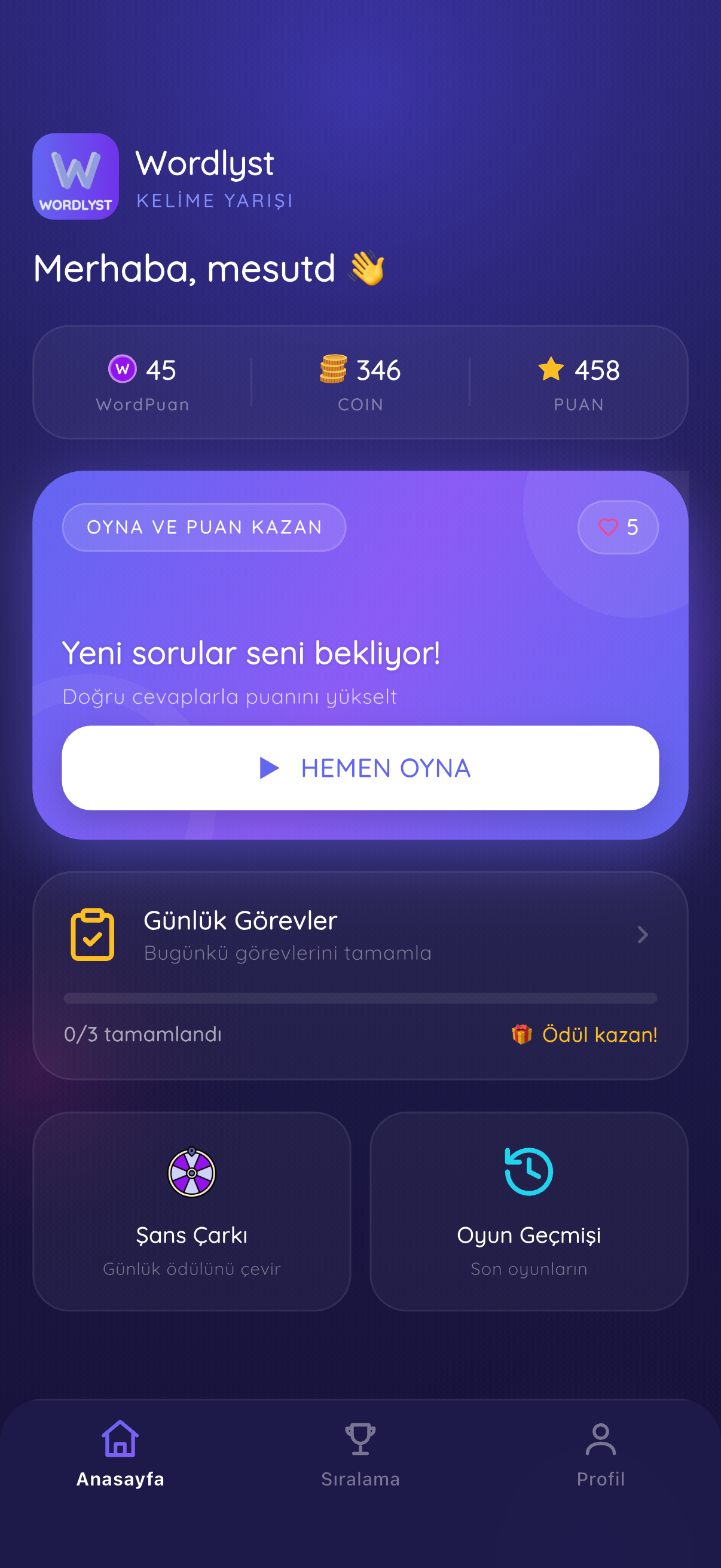 Wordlyst ana sayfa: Hemen Oyna kartı, günlük görevler, şans çarkı ve oyun geçmişi