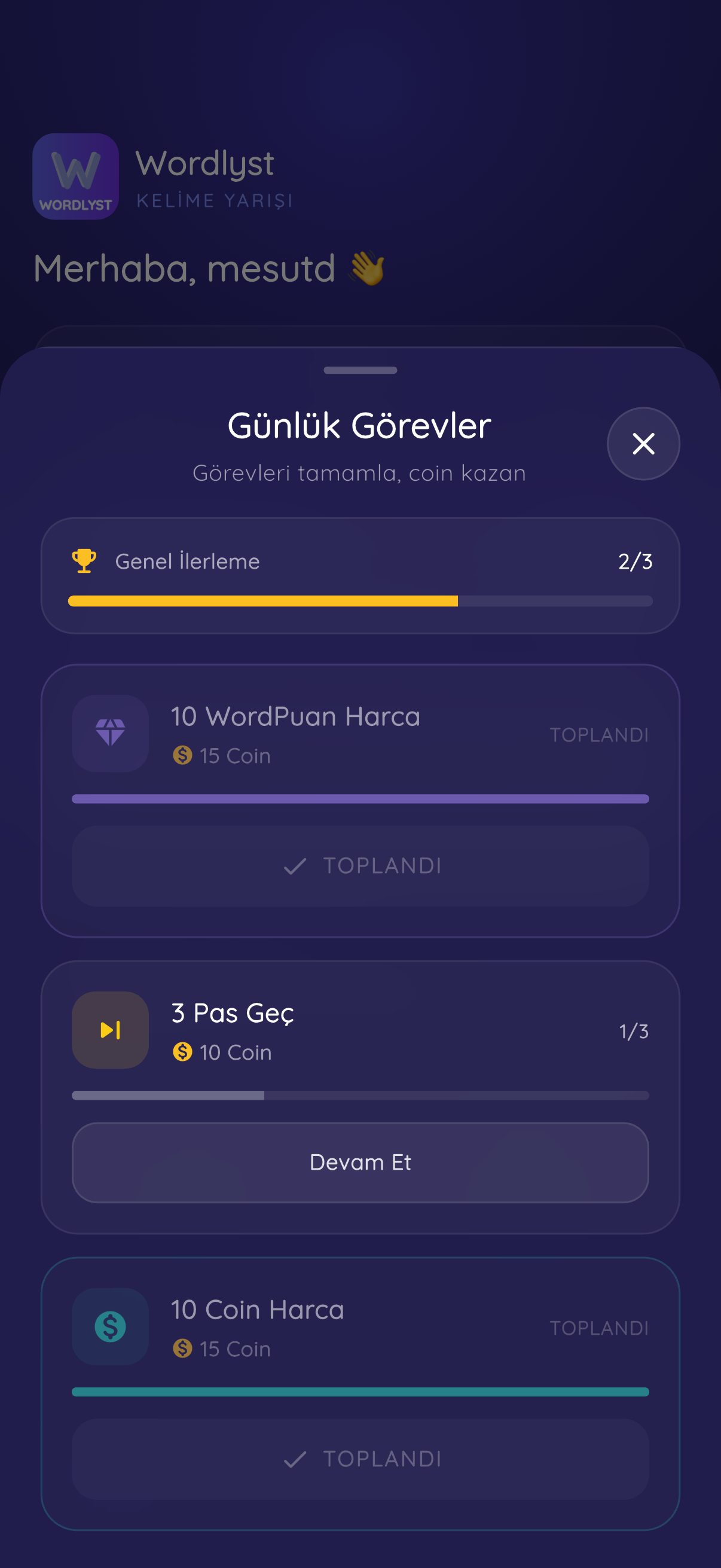 Wordlyst günlük görevler: ilerleme çubuğu ve coin ödüllü görevler