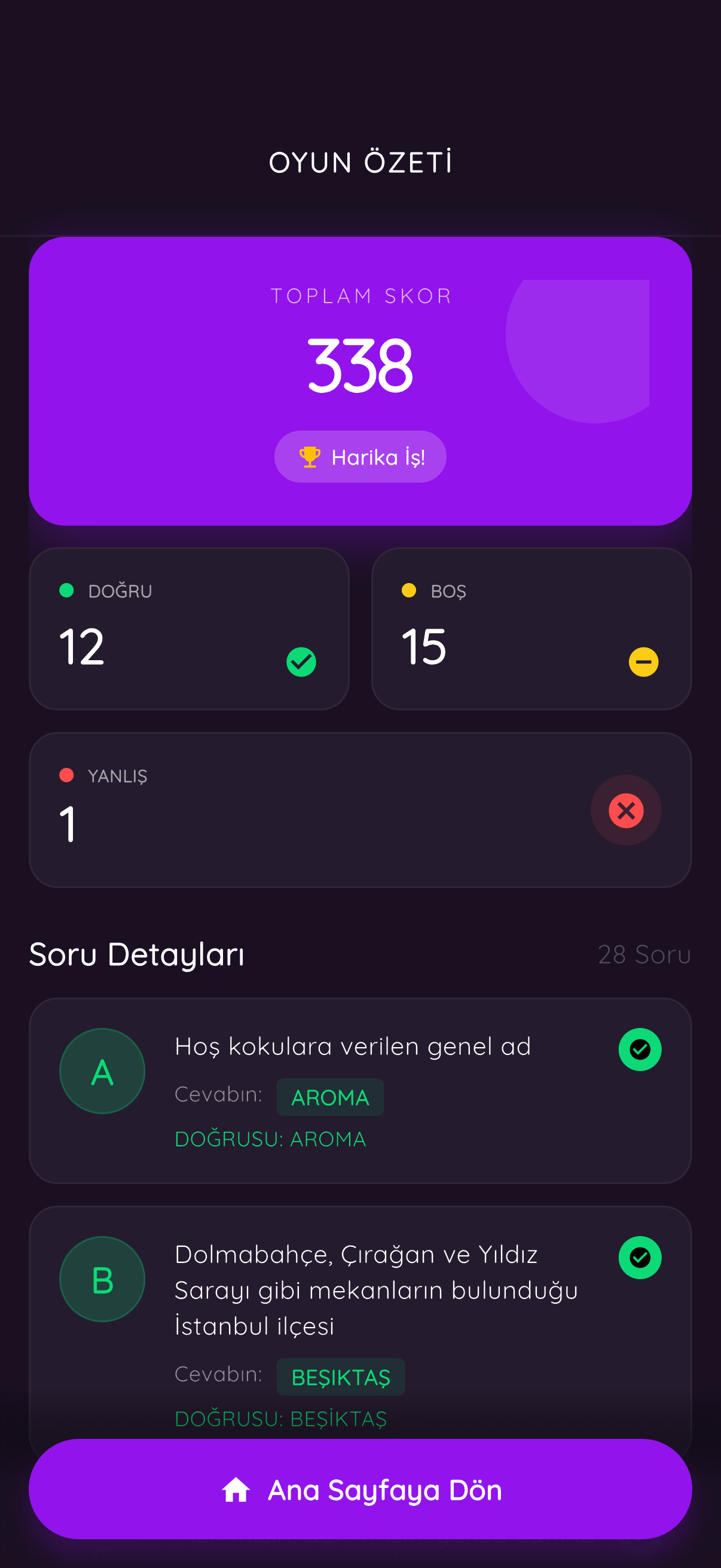 Wordlyst oyun özeti: toplam skor, doğru ve yanlış cevap istatistikleri